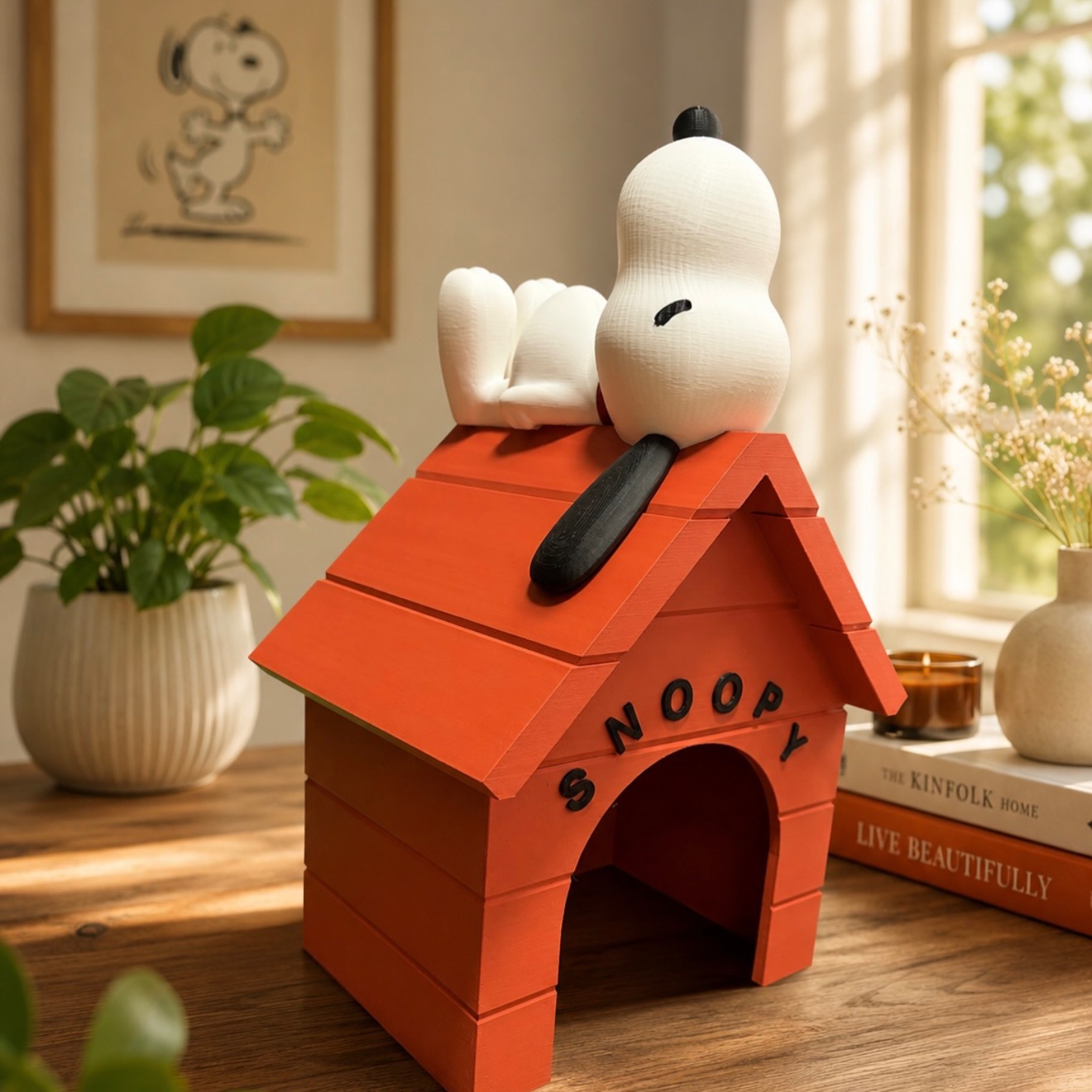 Figura decorativa 3D de Snoopy sobre casita roja