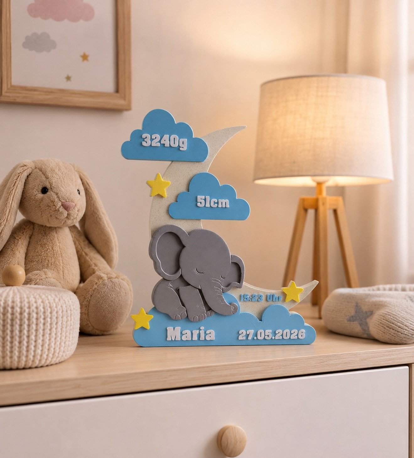 Recuerdo de nacimiento 3D con elefante y datos del bebé